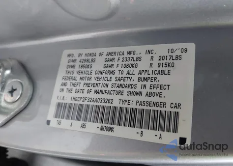 2010 Honda Accord 2.4 Lx из США, поврежденный, VIN 1HGCP2F32AA033262